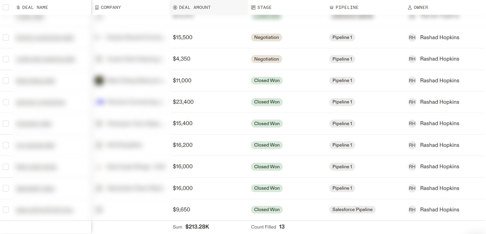 CRM view of the accounting firm's 13 new deals, totaling $213.28K, most marked Closed Won